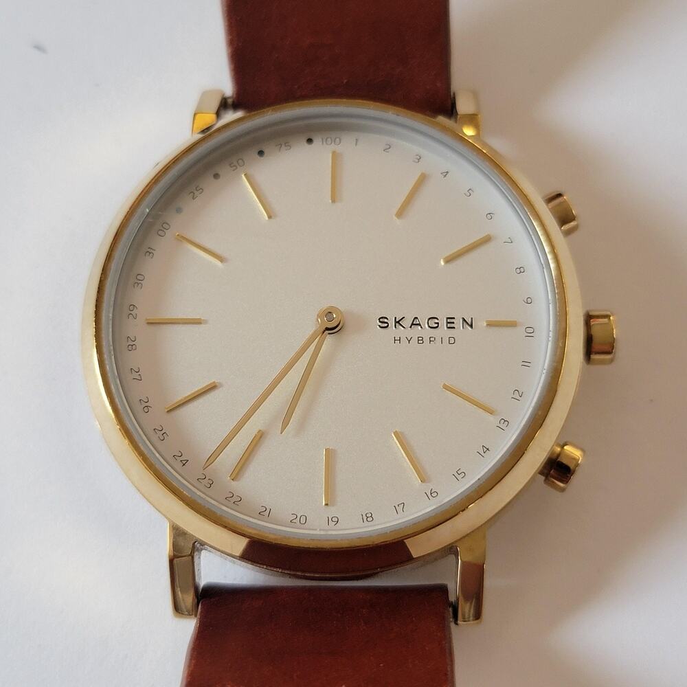 Skagen Hybrid Watch Mens Brown Leather Strap White Dial Gold Case Analog SKT2806